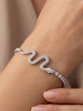 Platinum Rhodium Plated Snake Tennis Bracelet Real Zircon Water Resistant